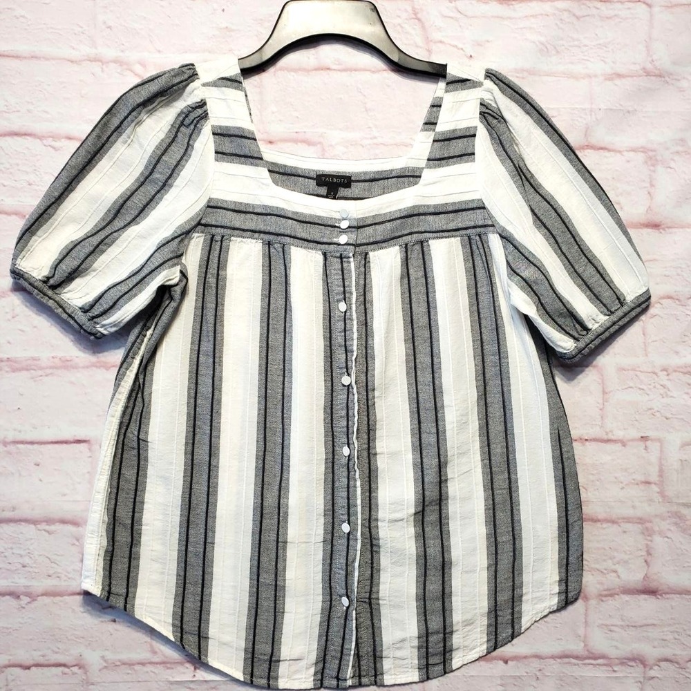 Talbots Small White‎ Gray Stripe Puff Sleeve Top Cottagecore Prairie Costal Chic